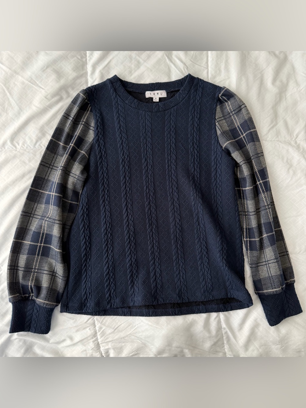 Anthropologie THML Navy Cable Knit Sweater Tartan Plaid Sleeves Women’s M Preppy